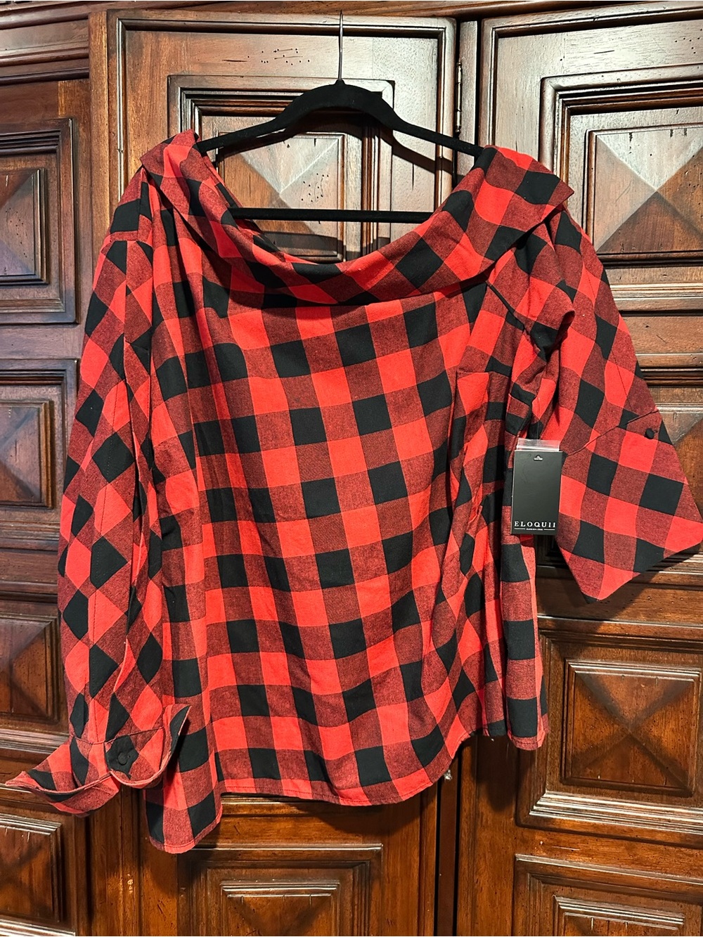 26 Eloquii OFF THE SHOULDER Red & Black Buffalo Plaid Off-Shoulder FRENCH CUFFS